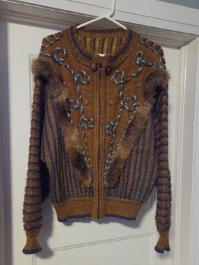 Embellished Brown Knit Zip Up Sweater with Fur Trim.